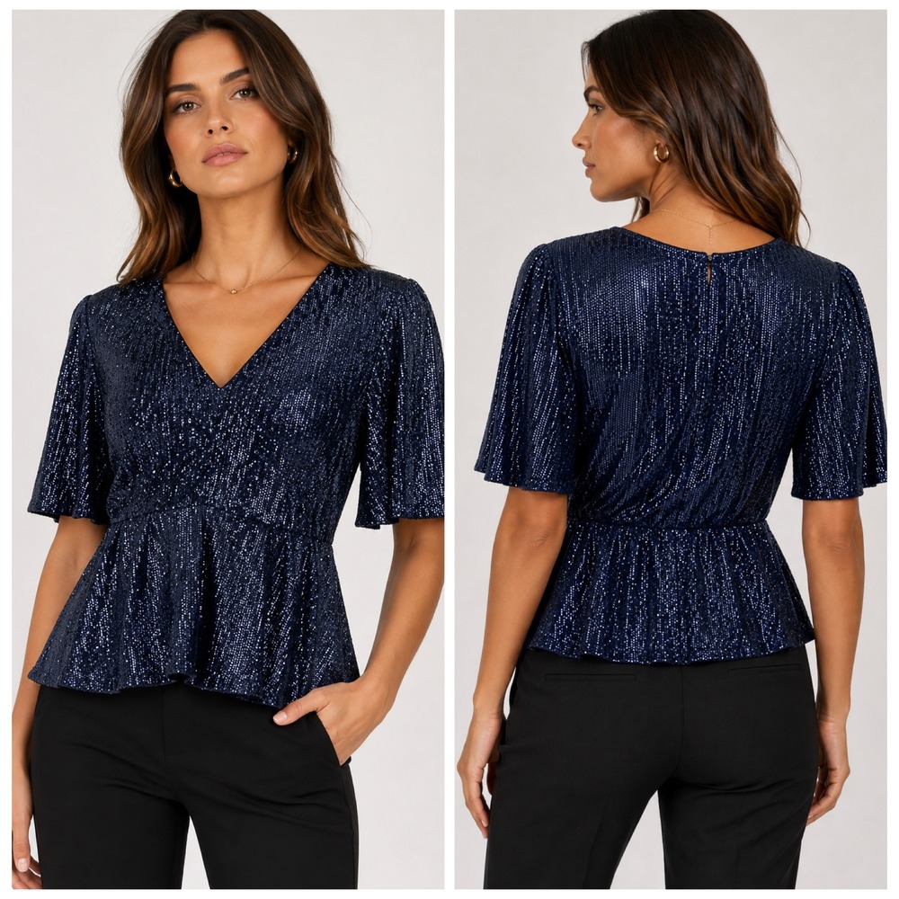 New Rachel Zoe Women's Clover Sequin Peplum Top Navy Blue Flutter Sleeve Size 6